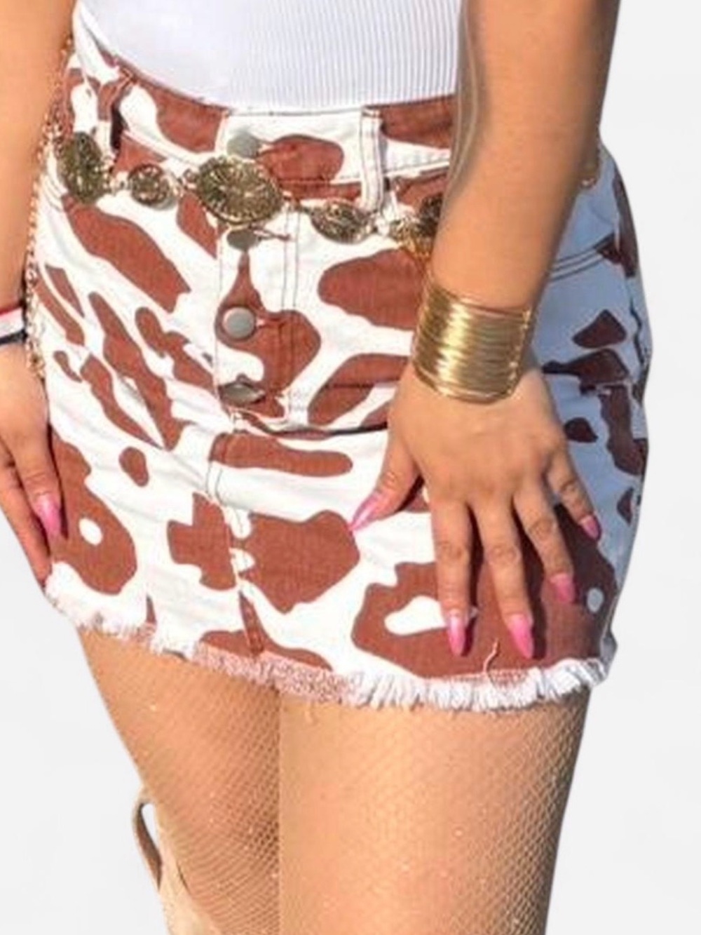 White & Brown Cow-Print High-Rise Mini Skirt